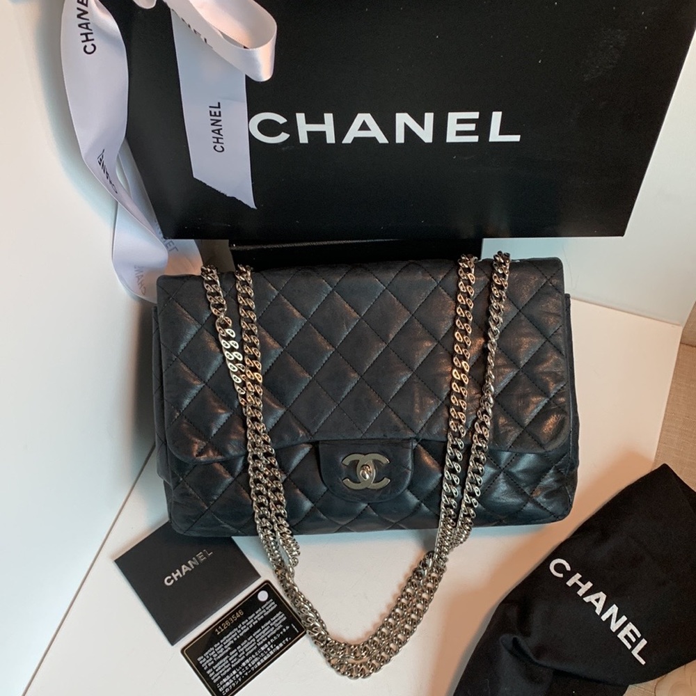 RARE🖤 CHANEL Modern Black Maxi Bijoux Chain Lamb Leather Quilted Flap Silver HW - Picture 16 of 16